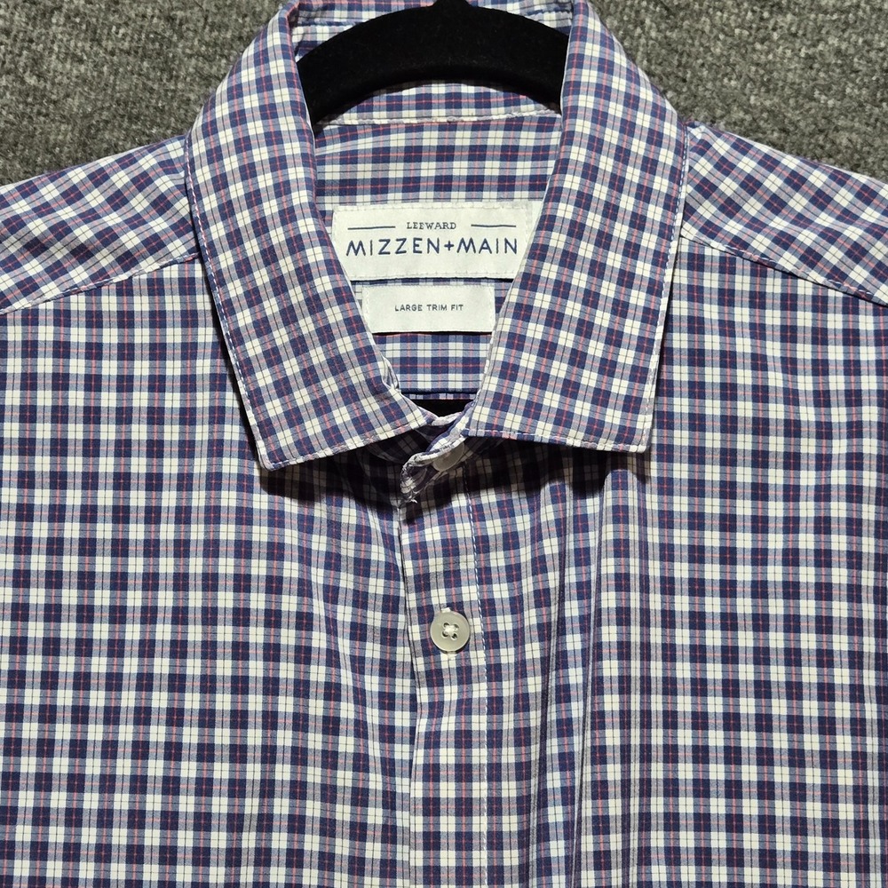 Mizzen + Main Mens Shirt Large Blue RED Plaid Leeward Trim Fit Stretch